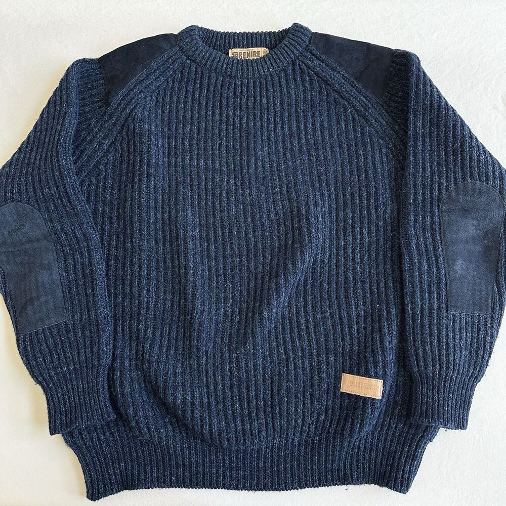 Vintage Brenire Scottish Navy Blue Suede Padded Wool Sweater Size 2XL